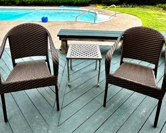 2 of 4 stackable rattan outdoor chairs with 1 of 2 outdoor metal tables