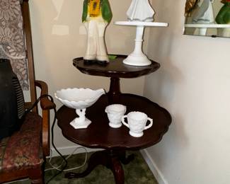 Milk glass and round occasional table