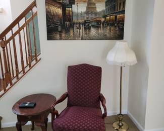 Queen Anne style arm chair, end tables and coffee table, print of Washington DC, floor lamp