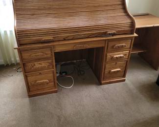 roll top oak desk, printer stand and matching credenza hutch