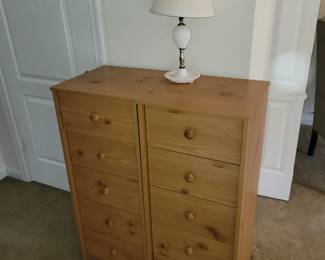 small chest of drawers, pine, milk glass lamp