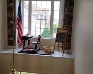 antique school desk, chalk board easel, will be taken down