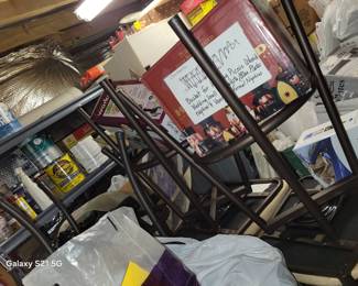 bar stoools, steel shelf, paint, lots of items in basement