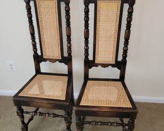 two cane English Tudor style side chairs, like new seats and backs, refinished