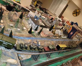 O gauge model train set up, custom back board, tunnels, goes for low price to he who removes it by 8/16. Trains separate by the lot see list in content