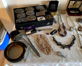 Jewelry, Hand Tooled Leather Belts and Collectible Belt Buckles