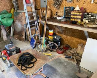 Wheelbarrow, Lawn Mower, Yard Tools