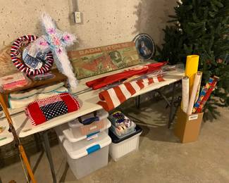 Plastic Storage Bin’s, Vintage Badminton Set, Flags and Other Decor