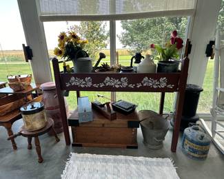 Planting Stand,Vintage Stool,Vintage Pots, Custom Wood Box