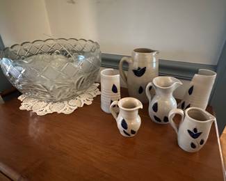 Cut Glass Punch Bowl with Glasses, Beautiful Custom Pottery