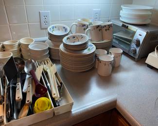 Toaster, Set of Dishes, Utensils 