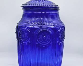 Pioneer woman cobalt blue biscuit jar. glass