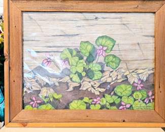 Helen Schacht Painting covered in clear vinyl "spring Violets"