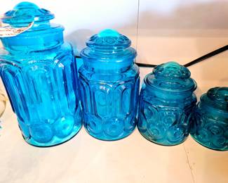 L.E. Smith Moon and Star blue Glass canister set of 4