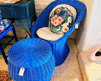 Cobalt Blue painted wicker chair with ottoman priced as set