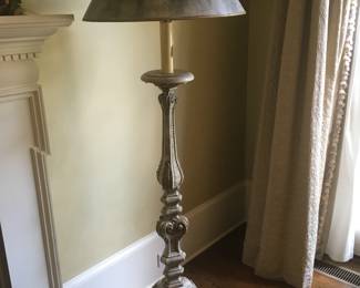 two wood floor lamps