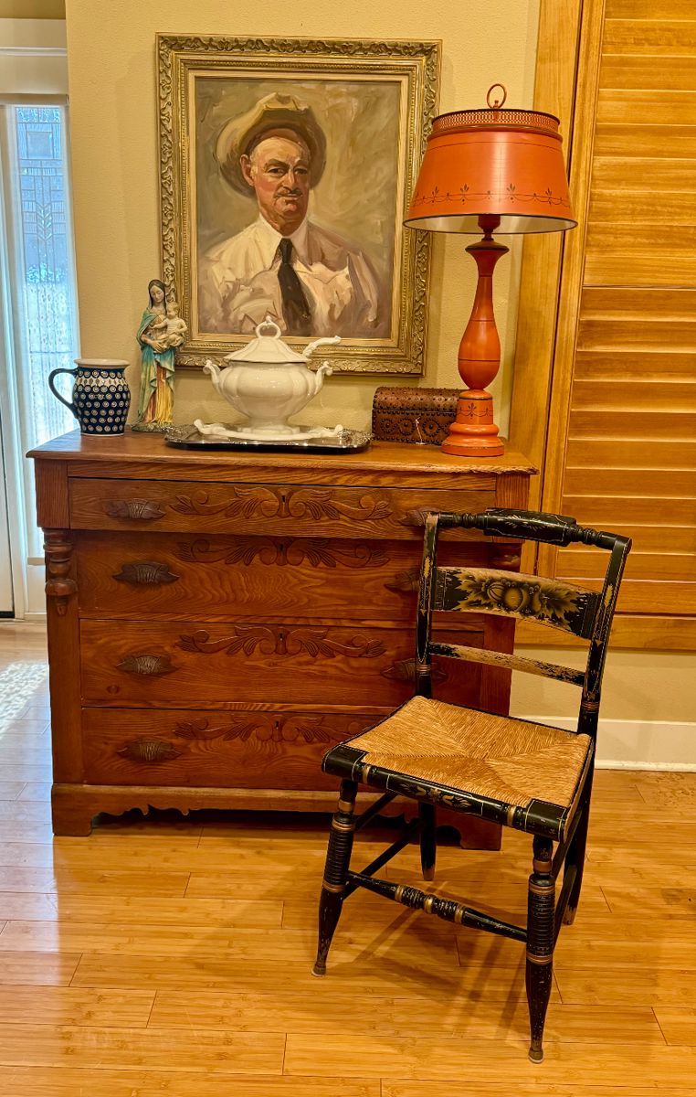 Unique original oil on canvas framed by BH Harper 
Red Cliff soup tureen with lid, ladle and under plate 
Rush seat painted vintage chair 
Metal painted lamp 