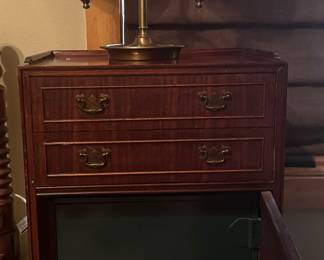 Antique working safe in wood cabinet with original papers with combination