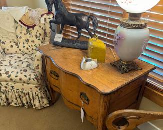 Antique lamp, one drawer wood side table