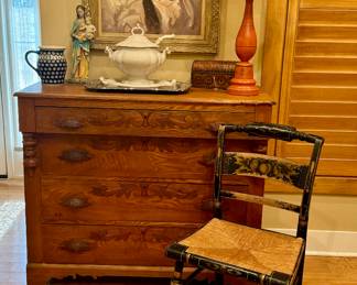 Unique original oil on canvas framed by BH Harper
Red Cliff soup tureen with lid, ladle and under plate
Rush seat painted vintage chair
Metal painted lamp