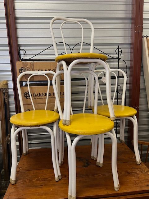 RARE - Vintage Telescope Folding Furniture Co. - Bistro Chairs. White metal base and yellow vinyl seat cushions. $60 Each 