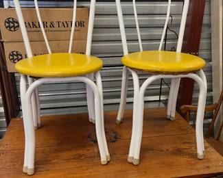 RARE - Vintage Telescope Folding Furniture Co. - Bistro Chairs. White metal base and yellow vinyl seat cushions. $60 Each 