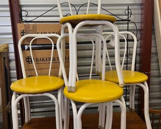 RARE - Vintage Telescope Folding Furniture Co. - Bistro Chairs. White metal base and yellow vinyl seat cushions. $60 Each 