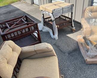 Vintage (New In Packaging) Cabana Joe - Two swivel chairs $600 Each and Two Glass Top Side Tables $500 Each 