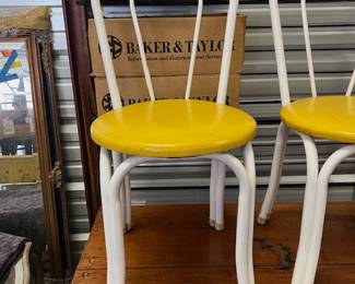 RARE - Vintage Telescope Folding Furniture Co. - Bistro Chairs. White metal base and yellow vinyl seat cushions. $60 Each 