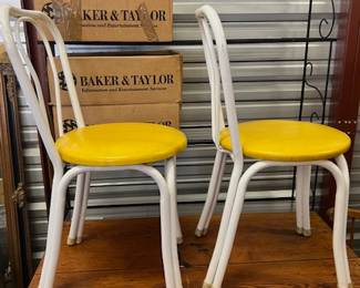 RARE - Vintage Telescope Folding Furniture Co. - Bistro Chairs. White metal base and yellow vinyl seat cushions. $60 Each 