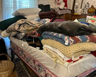 QUILTS/BLANKETS AND ANTIQUE HOSPITAL BED