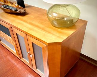 Entertainment center - light wood with brushed nickel pulls 