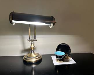 Brass piano lamp, Norway tea cup and saucer