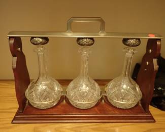 CUT CRYSTAL 3 DECANTER TANTALUS SET WITH LOCKING STAND
