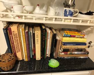 Cookbooks & Vintage Milk Glass Roosters 