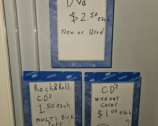 Sunday price Dvds $1.25
Cd's with cases $1.00
Cd's without cases $.50