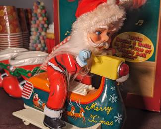 Vintage Tin Litho Santa Scooter