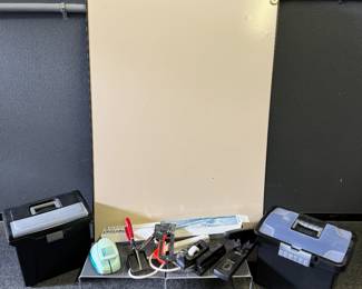 Heavy, magnetic whiteboard, AT-A-GLANCE Erasable Wall Planner 36in x 24in, Plastic File Tote, (2) Metal shelves, Heavy Duty Stapler, Power strip and more!