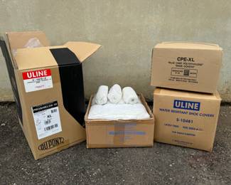 Coveralls & Shoe Covers - Uline Proshield 10 Elast Coverall - XL - Blue - 25 ea; (3) Boxes of Shoe Covers - approximately 450 pairs