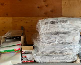(6) Queen King Mattress Bags, (3) Open box of Code One Smoke Alarms; (4) packages of  Multi-Purpose Terry Towels 14in x 17in 60 per pack; Short sections of chains with lock