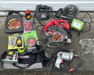 Like New Rockwell RK2440K Versacut Saw with owners manual and carrying bag, SKIL 2.4HP 13 AMP Circular Saw, Vintage Black & Decker Jig Saw, Stanley Electric Stapler, LED Task Light, NIB DeWalt 100ft Chalkline Kit, NIB 4.5in Crimped Wire Bevel Brush, Extra Saw Blades, Multimeter, Vintage Metal Body Craftsman Corded Drill