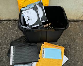 Assorted Photo & Plate Frame Stands, bubble mailers, small padded plastic boxes
includes 12 Gal Greenmade box!
