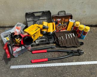 24in Bolt Cutters, Very Handsome Mobile Tool Kit w/zipper, 36in Demolition Bar, DeWalt DC5001H Filter, (3) Cans of Great Stuff Spray Foam, (2) 9V Flashlights, Jigsaw blades, Digital Tire Pressure Gauge, Doorstop, Holesaw, (2) Ground Augers, (2) Hand saws, 40in Metal Straight Edge Ruler, tub included.