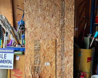 8ft x about 3" OSB Scrap, about 2ft x 3ft OSB Scrap, Several 10ft 1in x 2in battens, bucket of small dowels and stir sticks all less that 36in
