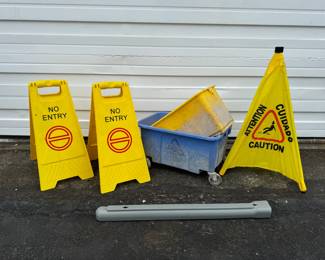 (2) Mop Buckets; (2) folding yellow No Entry signs; Collapsible Caution tripod