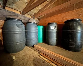 (5) 55 Gallon Plastic Barrels