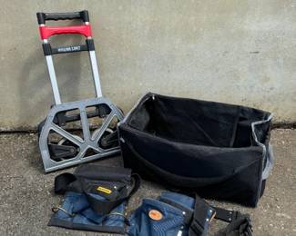 Magna Cart collapsible two wheel cart with rubber tires; (2) Tool belts; Black Lewis & Clark duffel bag