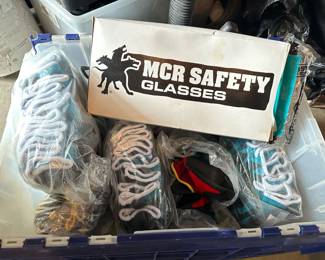 Honeywell Hand Protection NorthFlex Gloves size Large and XLarge, approx (4) 12 pair packages;  box of MCR Safety Glasses, Includes bin.