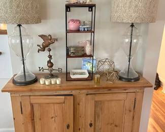 Wood cabinet, décor, and Pottery Barn  lamps