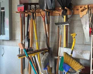 Assorted Hand Tools Rakes, Shovels, Chainsaws, Brooms  More 